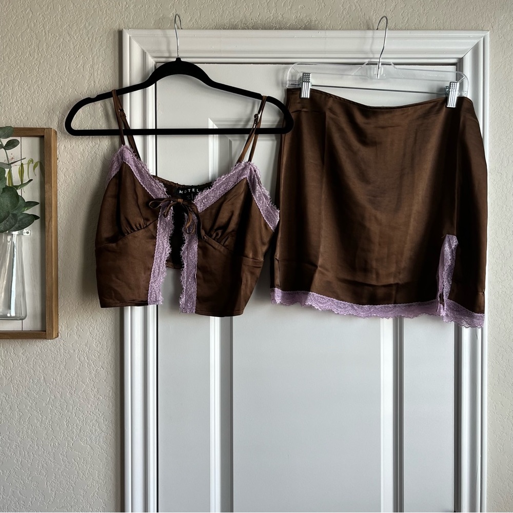 Motel Rocks brown Yanaka tie top & Shaena mini skirt satin set